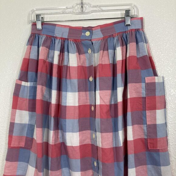Vintage Russ Skirt Womens Medium Red Blue Plaid Cotton Button Front Pockets 80s - Picture 4 of 14